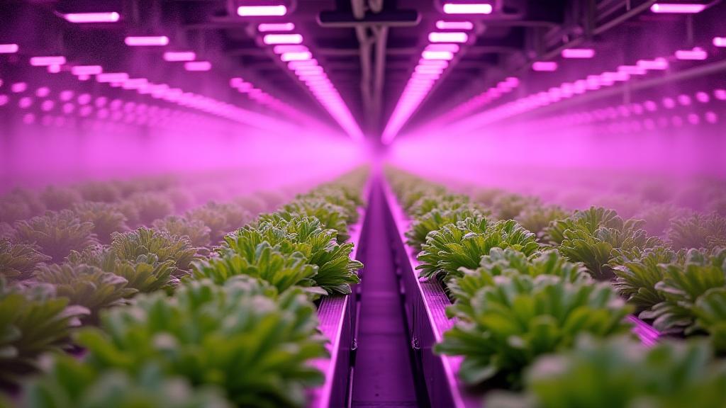 A lush, modern vertical hydroponic farm with rows of green lettuce under purple LED lights.