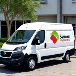 An electric delivery van with the Strait Berries logo on its side.