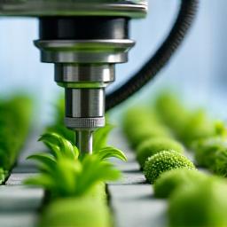 Close-up of a robotic arm planting a small seed in a grow pod.