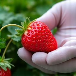 Hands in gloves carefully harvesting ripe red strawberries from a vertical rack.